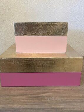 Set of two pink and gold laquered decorative square storage boxes